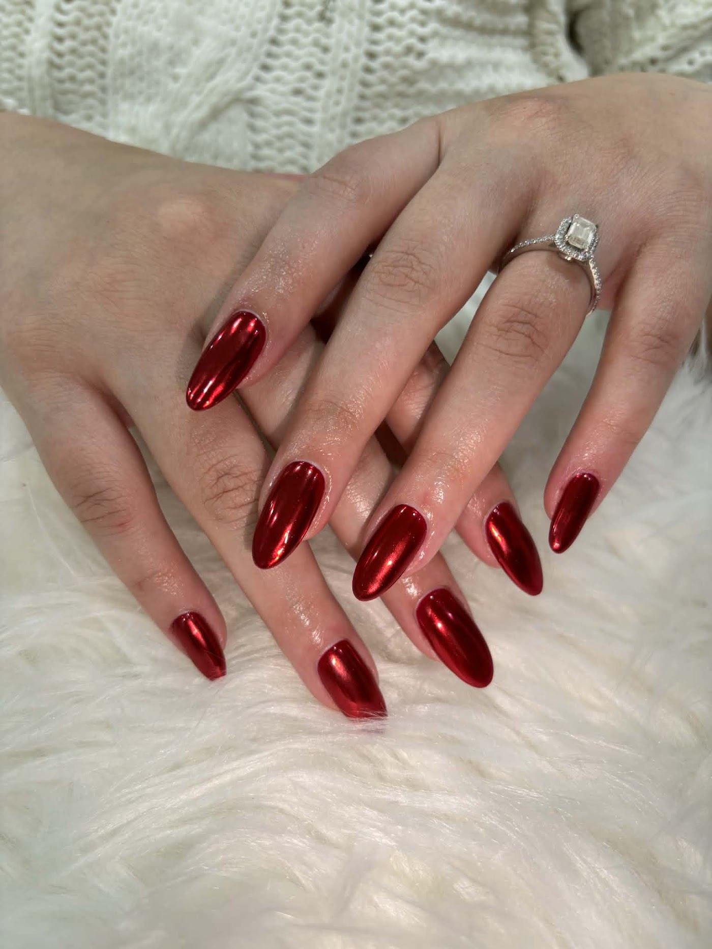 Glossy cherry red almond nails